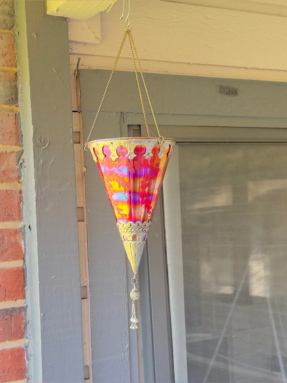 Irridescent Turkish Cut Glass Candle Pendant, Metal Framed Moroccan Lamp Lantern